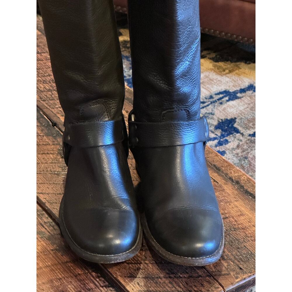 Womens Size 5.5 Black Leather FRYE "Olivia" Tall Zip Up Harness and Buckle Boots - Picture 4 of 17